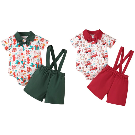 2-Piece Christmas Outfits! Boy’s Short Sleeve Onesies, Shorts, Bib Overalls & Bow-Tie Sets