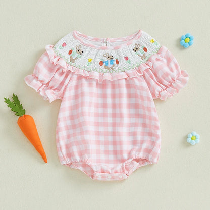 Girl's Plaid Easter Bunny Carrot Shirred Rompers