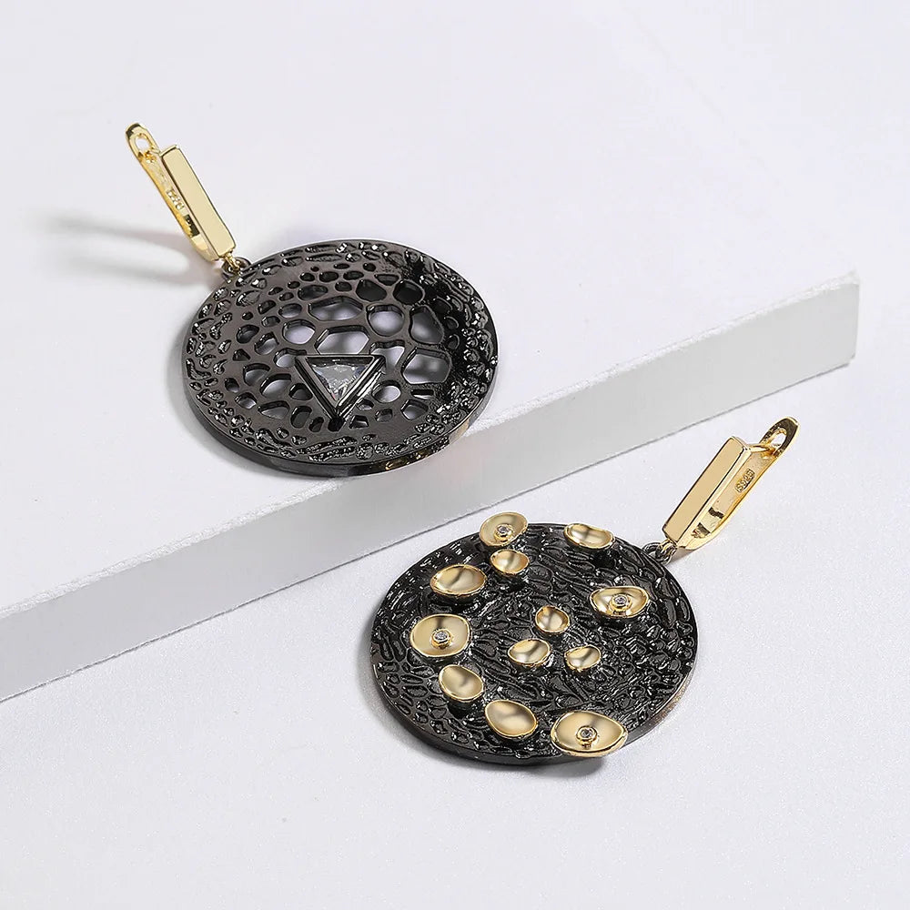 Earrings Round Asymmetric Earrings Black & Gold Style Stud Earrings