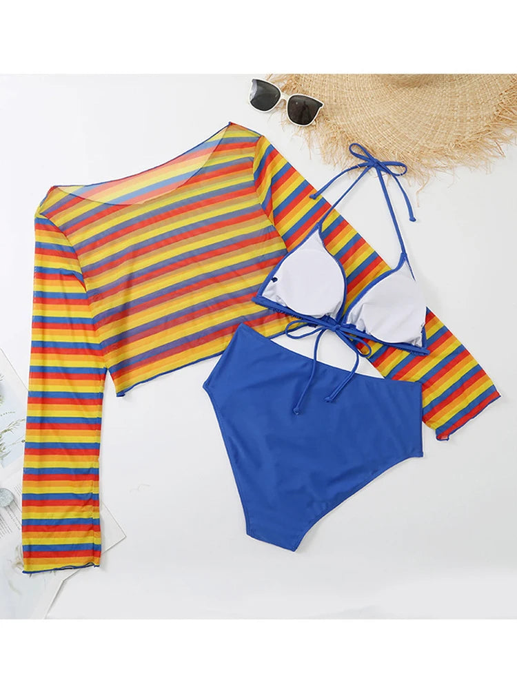 3-Piece! Plus Bikini Swimsuit with Mesh Long Sleeve Crop Top