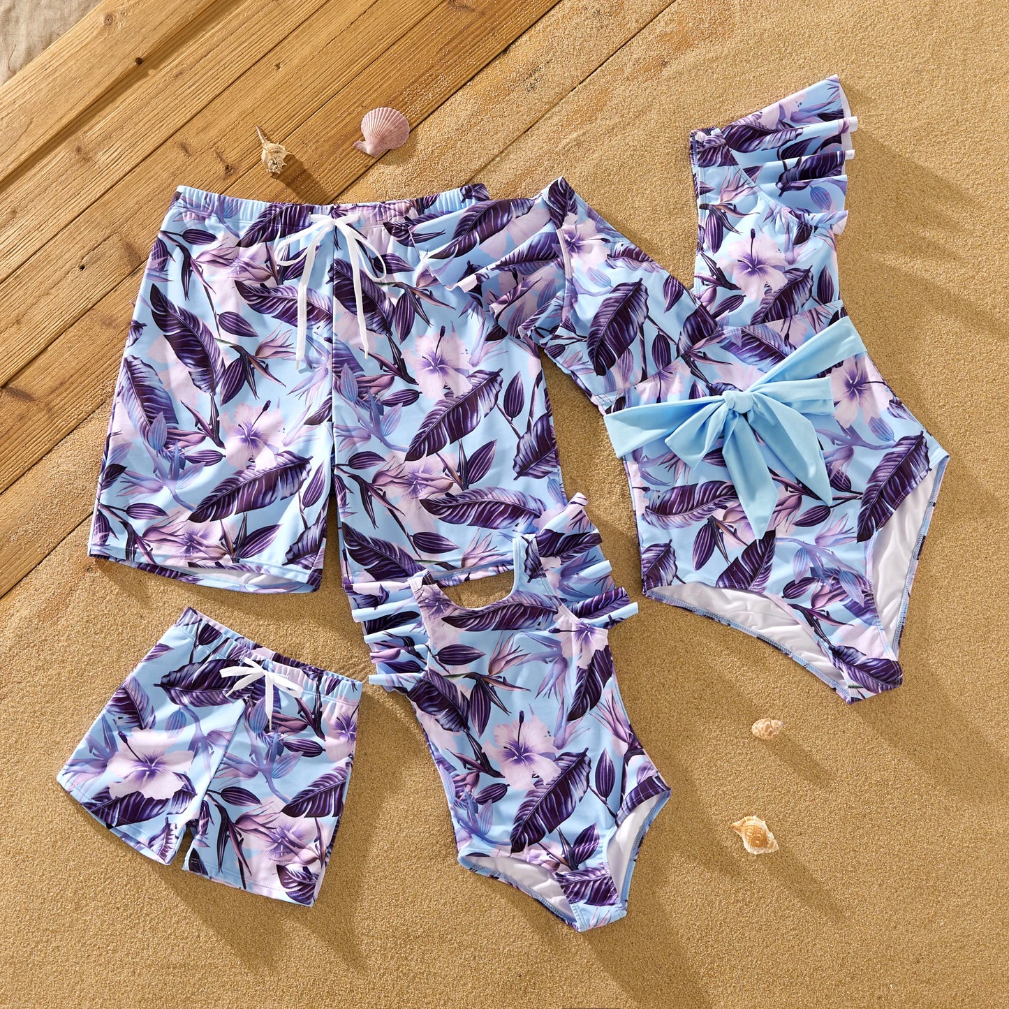 Family Matching! Feather One Piece Swimsuits & Trunks
