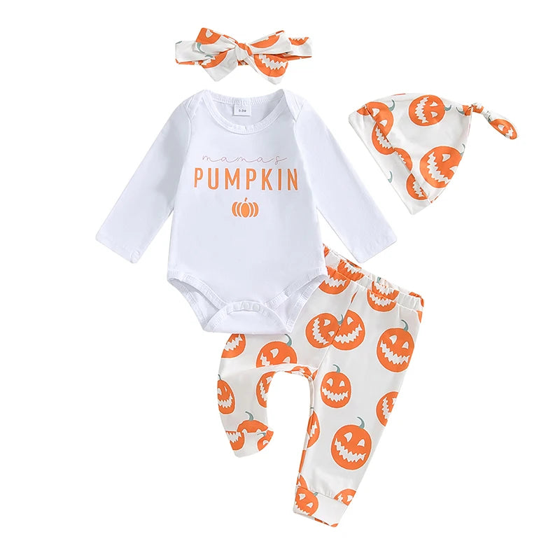 4-Piece Halloween Outfits! Girl’s Long Sleeve Pumpkin Onesie, Pants, Headband & Hat Sets