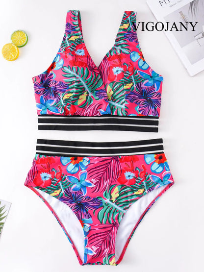 Floral Print SwimwearPlus V Neck Separate Swimsuit 2 Piece High Waist Bikini Set Bathing Suit