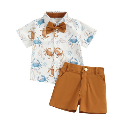 2-Piece Outfits! Boy's Rabbit & Ocean Print Button-Up Bow-Tie Collar Shirts  & Shorts Sets