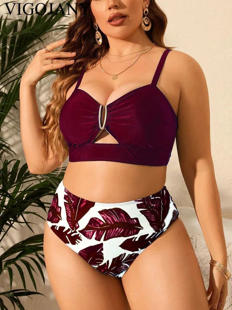 Sexy Strapped 2 Piece Plus Bikini SetHollow Push Up Swimsuit High Waist Bathing Suit