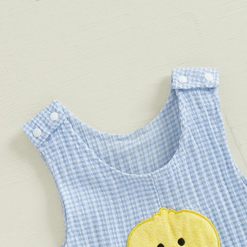 Boy's Easter Chick Egg Embroidered Plaid Sleeveless Overall Jumpsuits