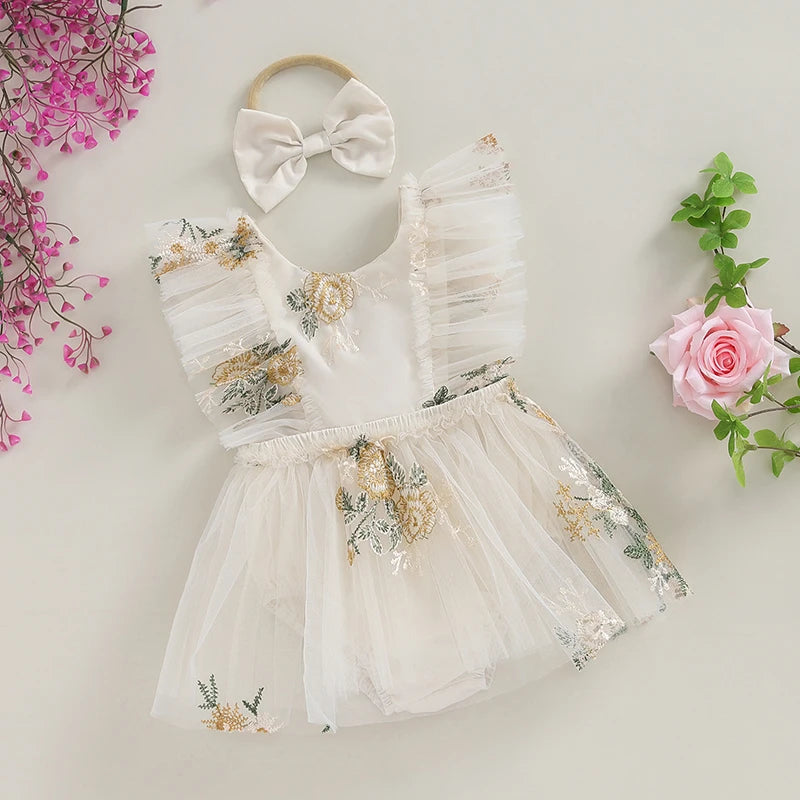 2-Piece Outfits! Girl's Sleeveless Embroidered Floral Tulle Overall Dress & Headband Sets