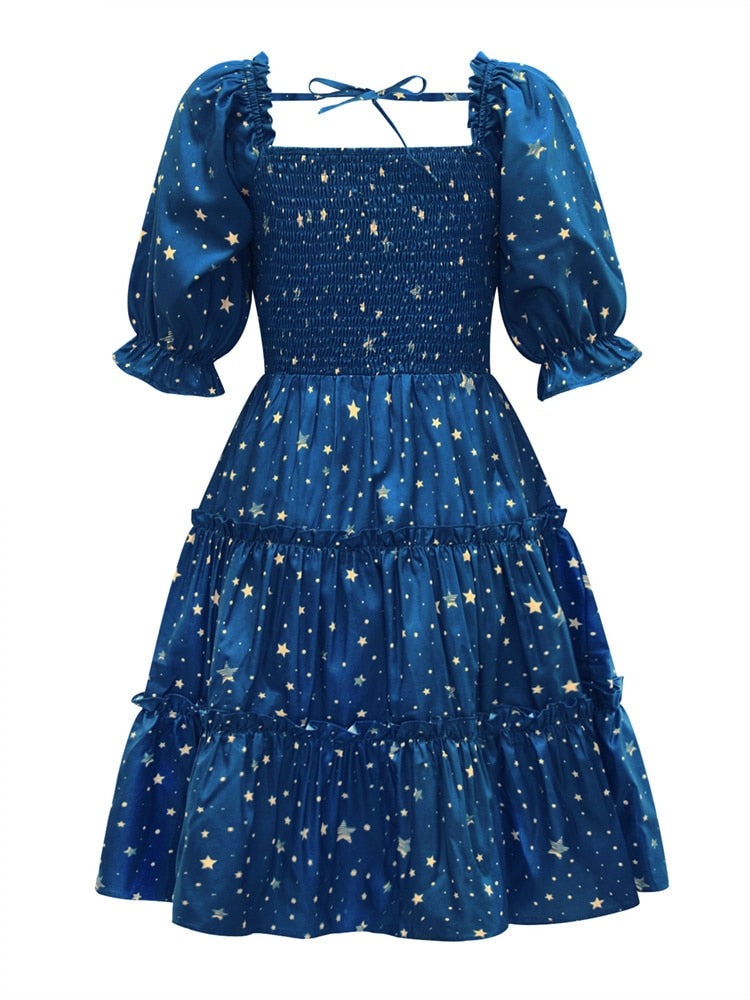 Mommy & Me! Matching Starry Night Blue Puff Sleeve Dress for Mother & Daughter