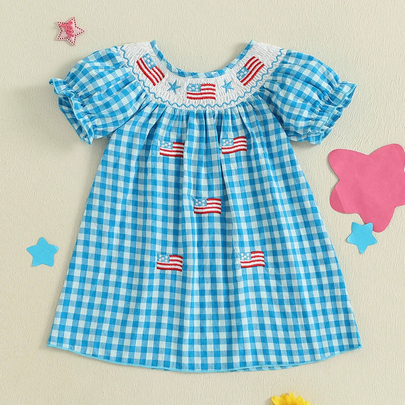 Girl's Plaid Embroidered 4th of July Dresses
