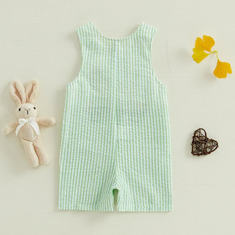 Girl's & Boy's Striped Embroidered Easter Bunny, Truck, Carrot Overall Jumpsuits