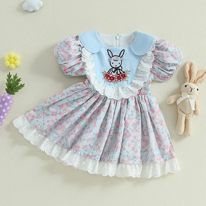 Girl's Floral Rabbit Embroidered Lace Ruffled Easter Dresses