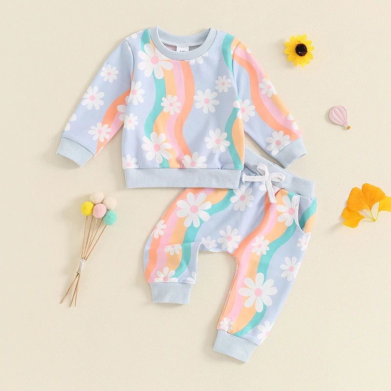 2-Piece Fall / Winter Outfits! Girl’s Colorful Daisy Sweatshirt & Pants Sets