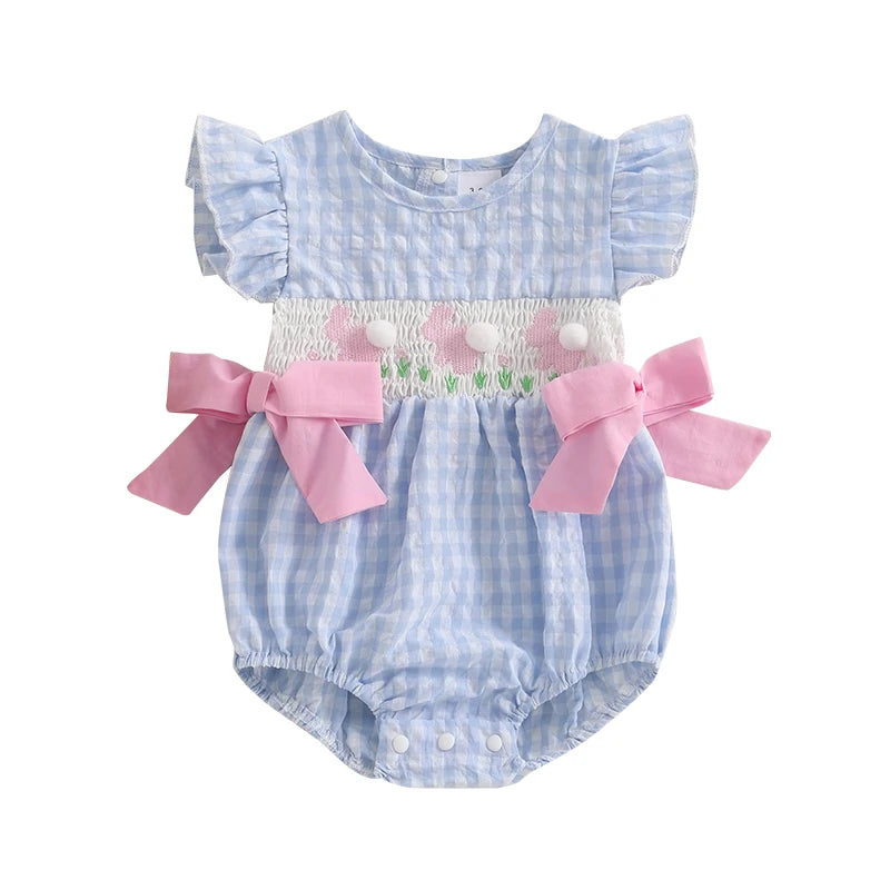 Girl's Fuzzy Bunny Tail Embroidered Solid & Plaid Easter Bow Rompers