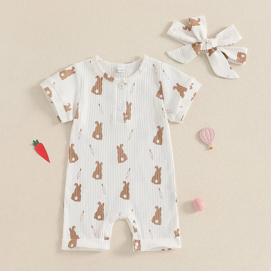 Girl's Short Sleeve Bunny Romper & Bow Headband Sets