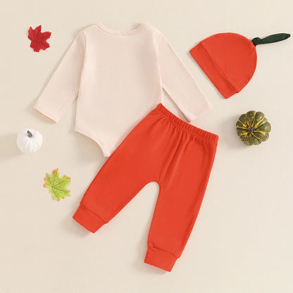 3-Piece Halloween Outfits! Girl’s Long Sleeve Pumpkin Rompers, Pants & Hat Sets