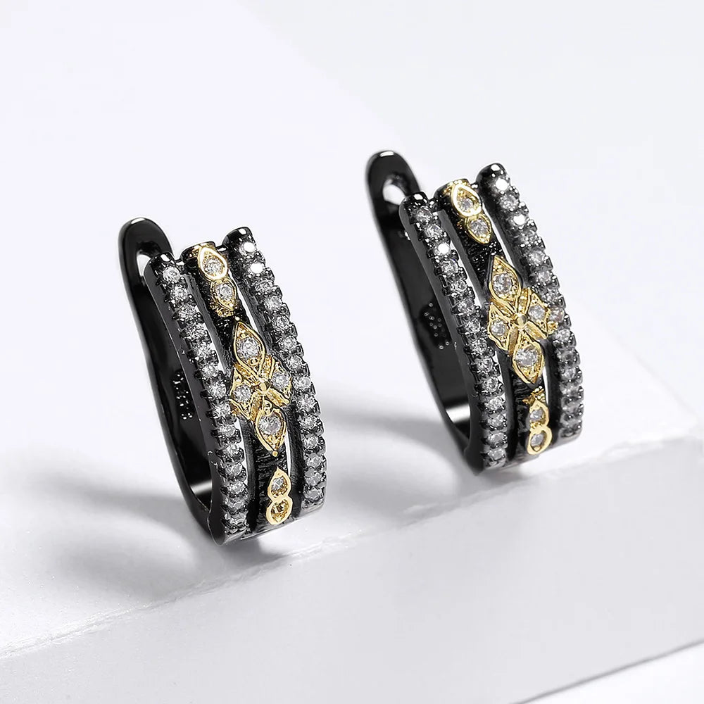 Classic Black & Gold Style Geometric Zircon Earrings