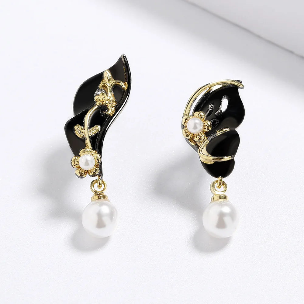 Pearl Black & Gold Style Earrings Asymmetrical Leaves Flowers & Soft