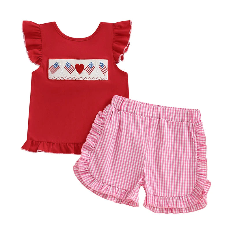 Girl's 2-Piece Embroidered 4th of July Fly Sleeve Tops & Plaid Ruffled Shorts Sets