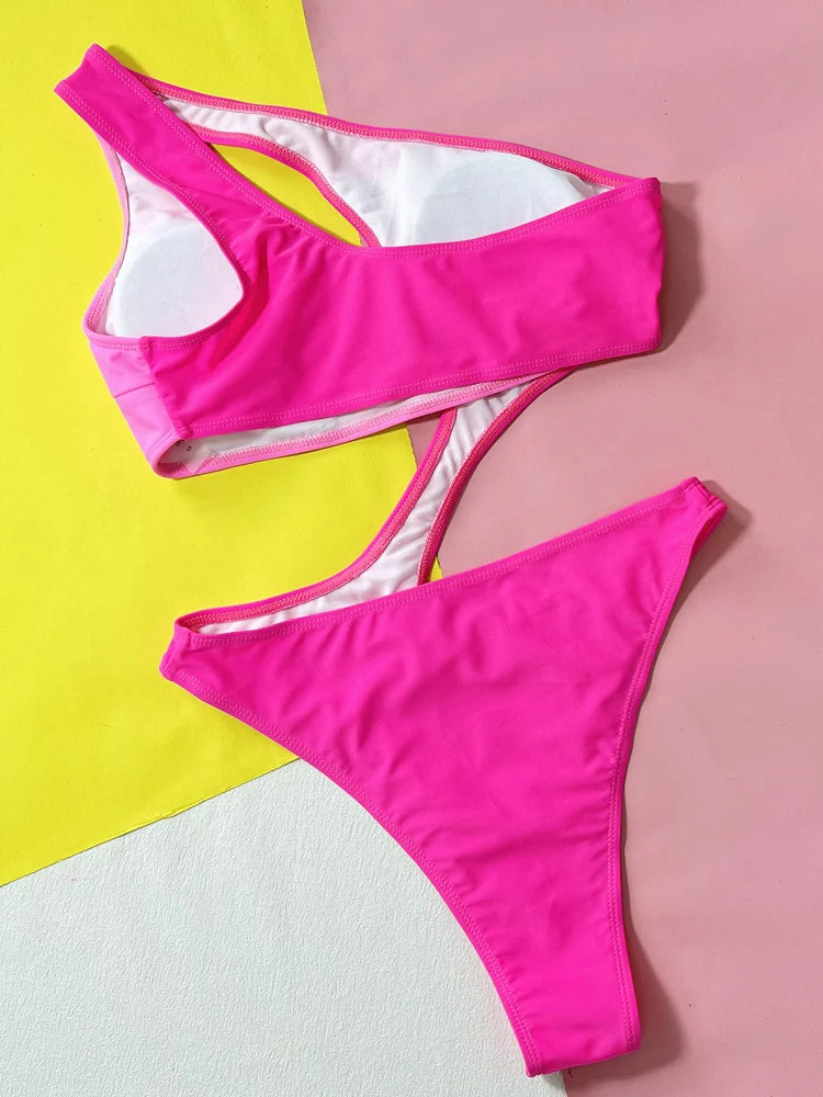 Pink One Shoulder SwimwearPush UP High Cut One Piece Swimsuit Monokini Hollow Summer Bathing Suit