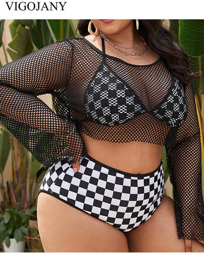 3 Piece! Bikini Swimsuit with Mesh Long Sleeve Smock Top