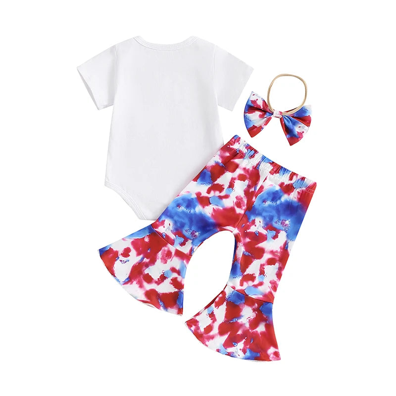 Girl's 3-Piece "Mommy & Daddy's Little Firecracker" 4th of July Onesie, Tie-Dye Pants & Bow Headband Sets