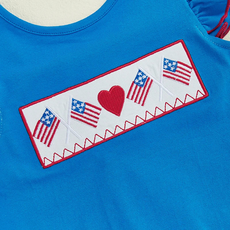 Girl's 2-Piece Embroidered 4th of July Fly Sleeve Tops & Plaid Ruffled Shorts Sets