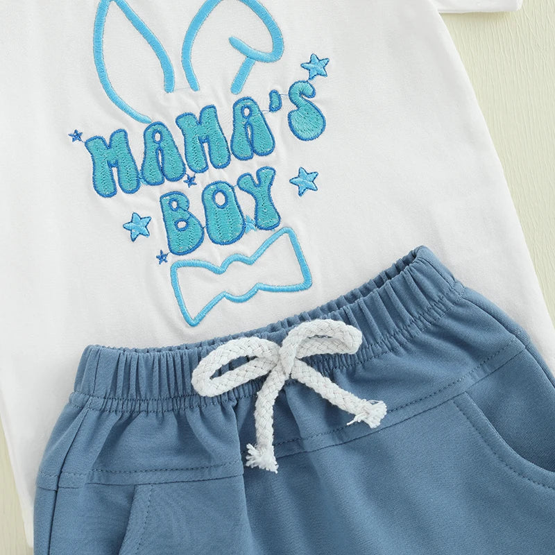 Boy's 2-Piece Embroidered "Mama's Boy" & Easter Bunny T-Shirt & Shorts Sets