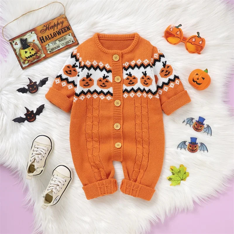 Halloween Pumpkins! Girl's & Boy's Warm & Cozy Knit Sweater Button-Up Rompers