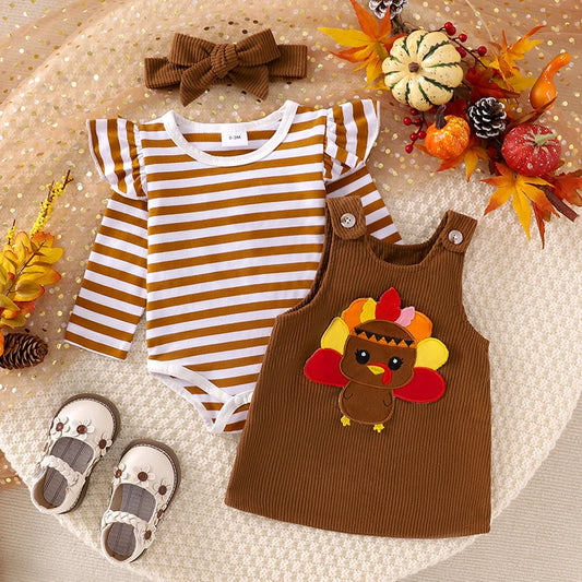 3-Piece Thanksgiving Outfits! Girl’s Embroidered Turkey Onesies, Overall Dress & Bow Headband Sets