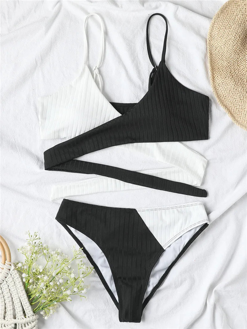 Patchwork Bikini Cross Wrap SwimwearRibbed Swimsuit Female Back Tied Solid Biquinis Bathing Suits