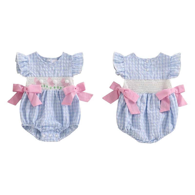 Girl's Fuzzy Bunny Tail Embroidered Solid & Plaid Easter Bow Rompers