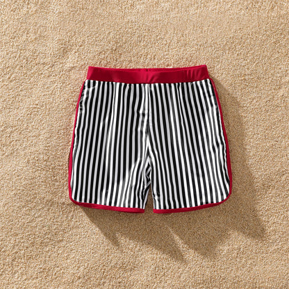 Family Matching! Striped Swim Trunks Shorts & Ruffle Splicing One-Piece Swimsuit