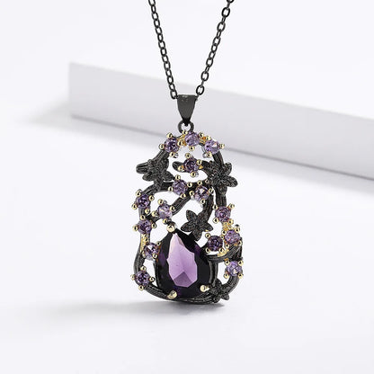 Purple Zircon Pendant Chain Black & Gold Style Purple Flower Necklace Personalized