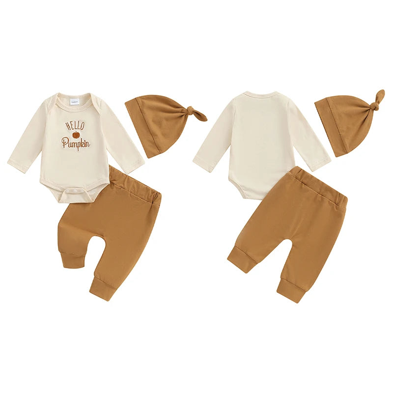 3-Piece Halloween Outfits! Boy’s Long Sleeve Embroidered Pumpkin Onesies, Pants & Hat Sets