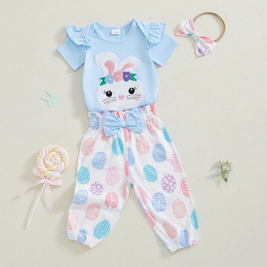 Girl's 3-Piece Embroidered Easter Bunny Onesie, Egg Pants & Bow Headband Sets