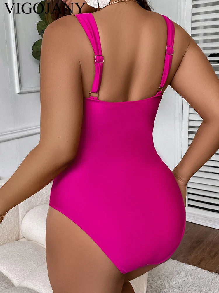 Pink Patchwork Plus SwimwearPush Up Strapped One Piece Swimsuit Beach Bathing Suit