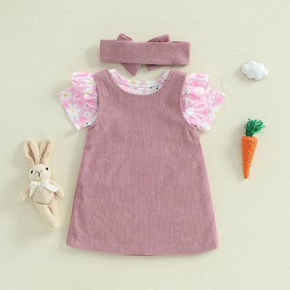 Girl's 3-Piece Easter Bunny Onesie, Headband & Suspender Dresses