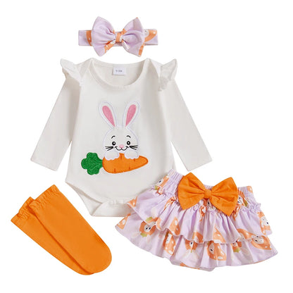 Girl's 4-Piece First Easter, Bunny Onesies, Bow Headband, Skirt & Socks Sets