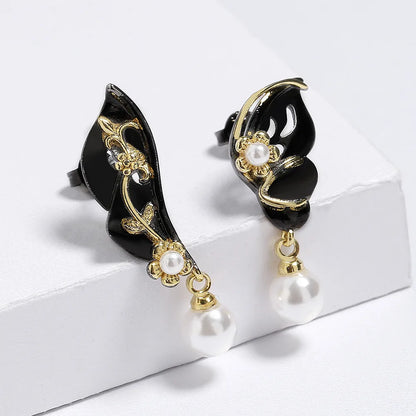 Pearl Black & Gold Style Earrings Asymmetrical Leaves Flowers & Soft