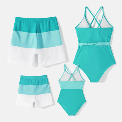 Family Matching! Swimsuit Color Block Self Tie One-piece Swimsuit & Swim Trunks