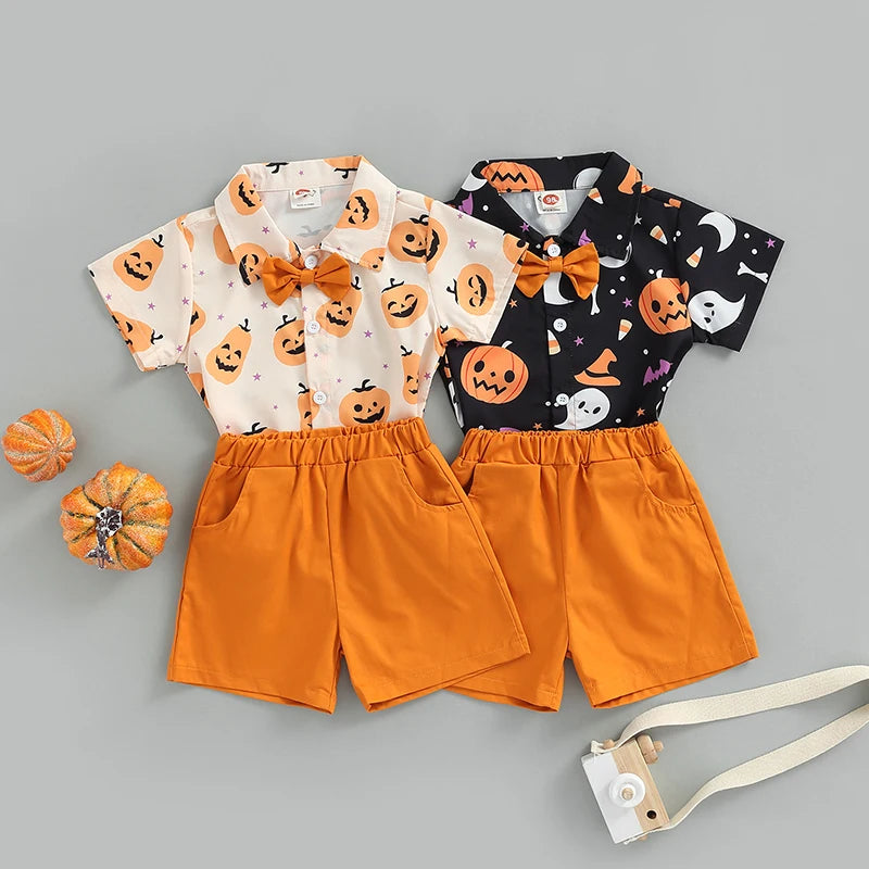 3-Piece Halloween Outfits! Boy’s Short Sleeve Ghost, Pumpkin, Onesie, Shorts & Bow-Tie Sets