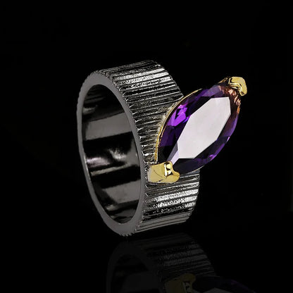 Men's Vintage Purple Zircon Geometric Black & Gold Style Rings