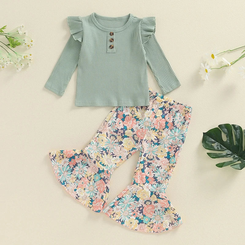 2-Piece Fall Outfits! Girl’s Floral Long Sleeve Top & Pants Sets