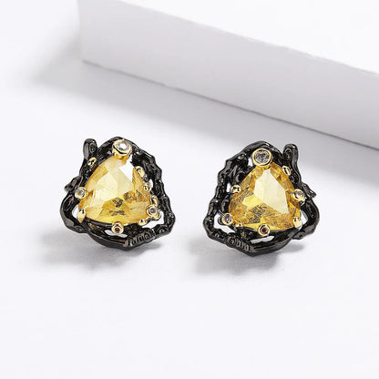 Delicate Yellow Triangle Zircon Black & Gold Style Earring