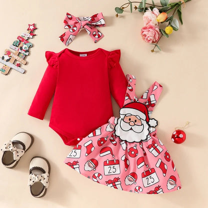 Girl's 3-Piece Christmas Romper, Bib Overall Dress & Bow Headband Sets