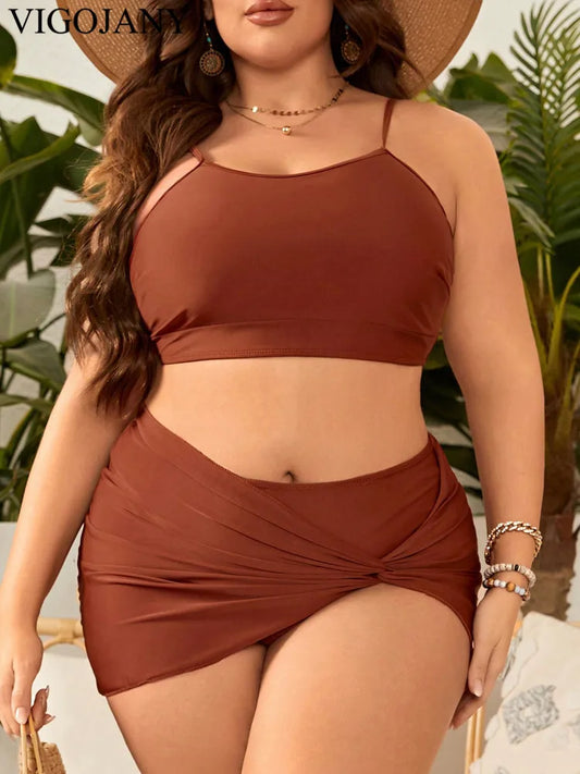 3 Piece! Plus High Waist Bikini Swimsuit with Mesh Skirt