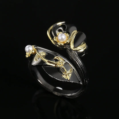 Black & Gold Style Leaf Rings Banquet Pearl Ring