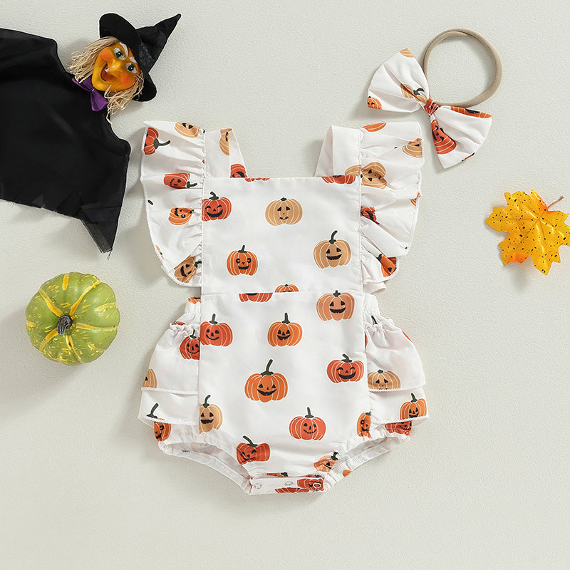 2-Piece Halloween Outfits! Girl’s Long Sleeve Pumpkin Sweatshirt Rompers & Headband Sets