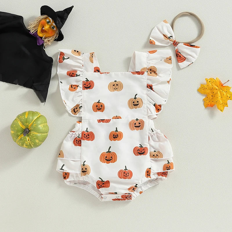 2-Piece Halloween Outfits! Girl’s Long Sleeve Pumpkin Sweatshirt Rompers & Headband Sets