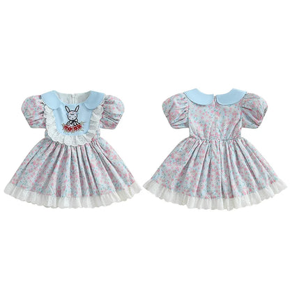 Girl's Floral Rabbit Embroidered Lace Ruffled Easter Dresses